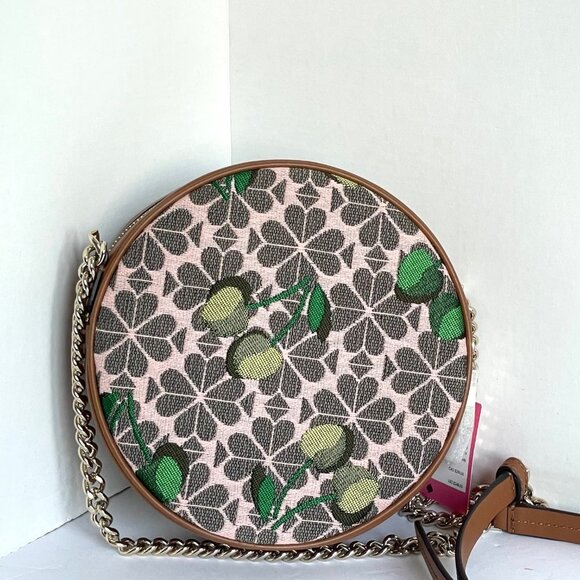 Kate Spade Cherry Jacquard Canteen Round Crossbody Brown Floral Leather - Picture 2 of 13
